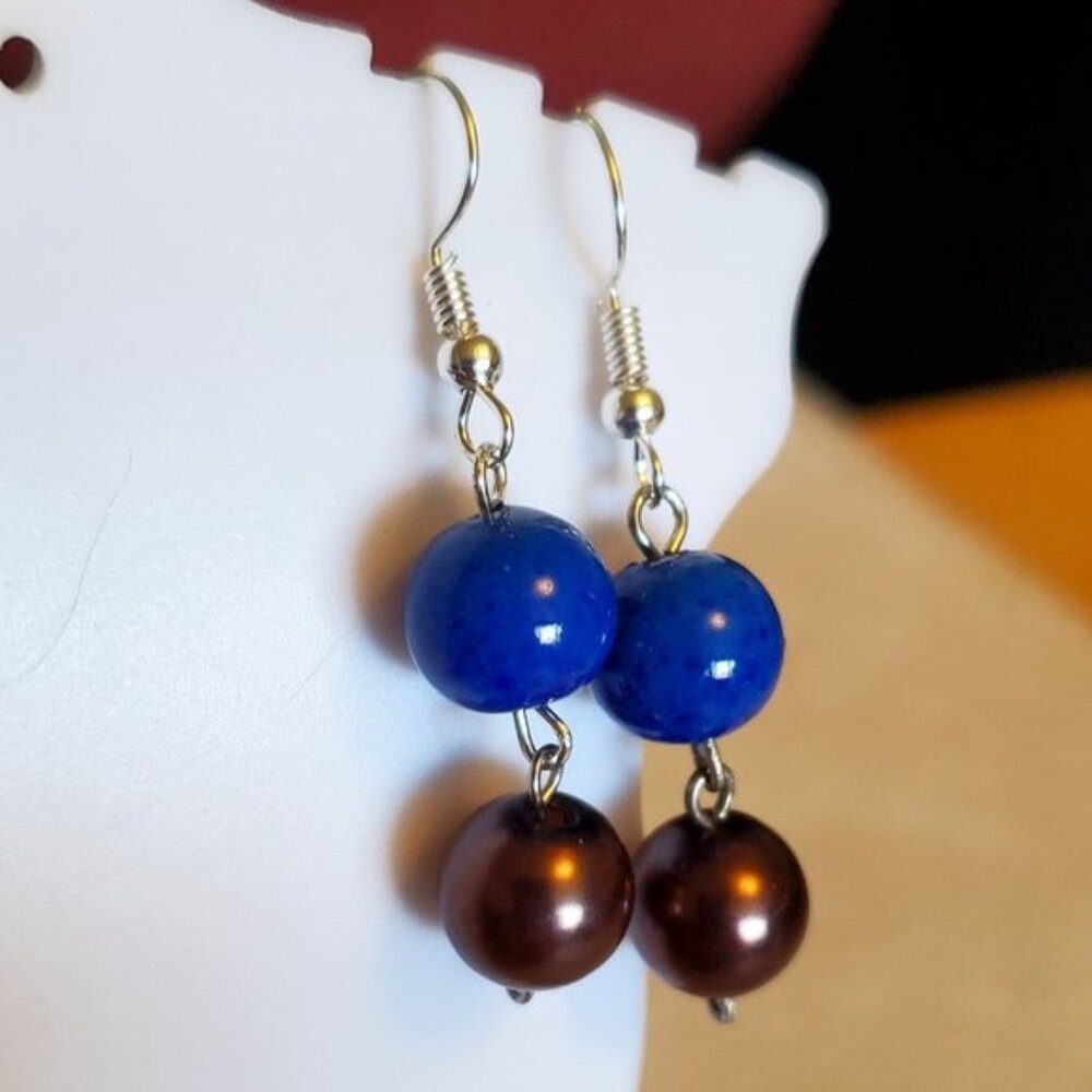 Silver Tone Hook Blue Purple Glass Bead Earrings